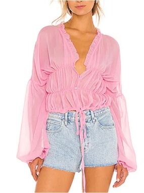 SNDYS BALI BLOUSE BABY Pink Sheer Ruffle-Trim Cropped Blouse Button Down Sheer S